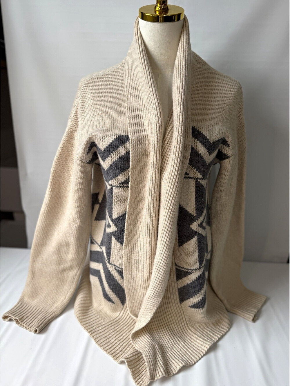 Market & Spruce Women's Medium Tan Geometric Knit Shawl Collar Open Cardigan Swe